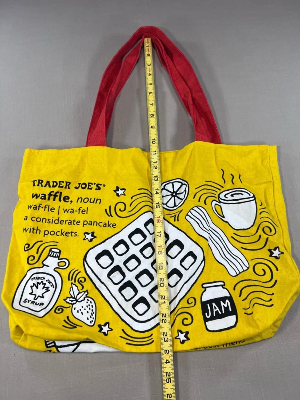 Trader Joe’s Yellow Canvas Tote Bag Red Handles Toast Milk Grocery Shopping Bag - Picture 8 of 8